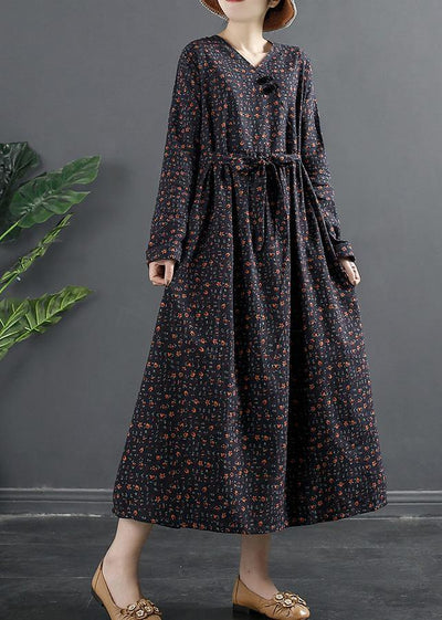 Natural V Neck Clothes For Women Fashion Ideas Navy Print Maxi Dresses - SooLinen