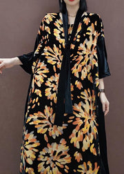 Natural V Neck Patchwork Spring Tunics For Women Fabrics Black Print Kaftan Dress - SooLinen