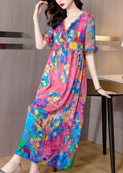 Natural V Neck Ruffled Print Silk Holiday Maxi Dress Short Sleeve
