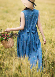 Natural V Neck Sleeveless Summer Clothes Women Fashion Ideas Blue Embroidery Maxi Dresses - SooLinen