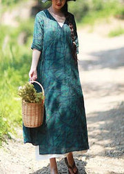 Natural V Neck Spring Quilting Clothes Blue Green Print Long Dresses - SooLinen