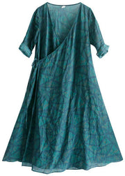 Natural V Neck Spring Quilting Clothes Blue Green Print Long Dresses - SooLinen