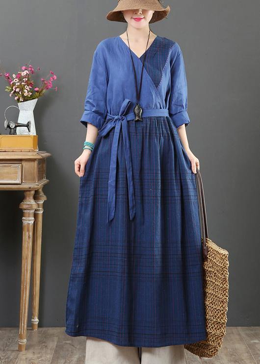 Natural V Neck Tie Waist Spring Dresses Fabrics Blue Plaid Traveling Dress - SooLinen