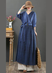 Natural V Neck Tie Waist Spring Dresses Fabrics Blue Plaid Traveling Dress - SooLinen