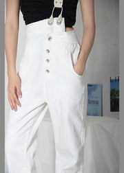 Natural White Denim High Waist asymmetrical Design Carpenter Pants - SooLinen