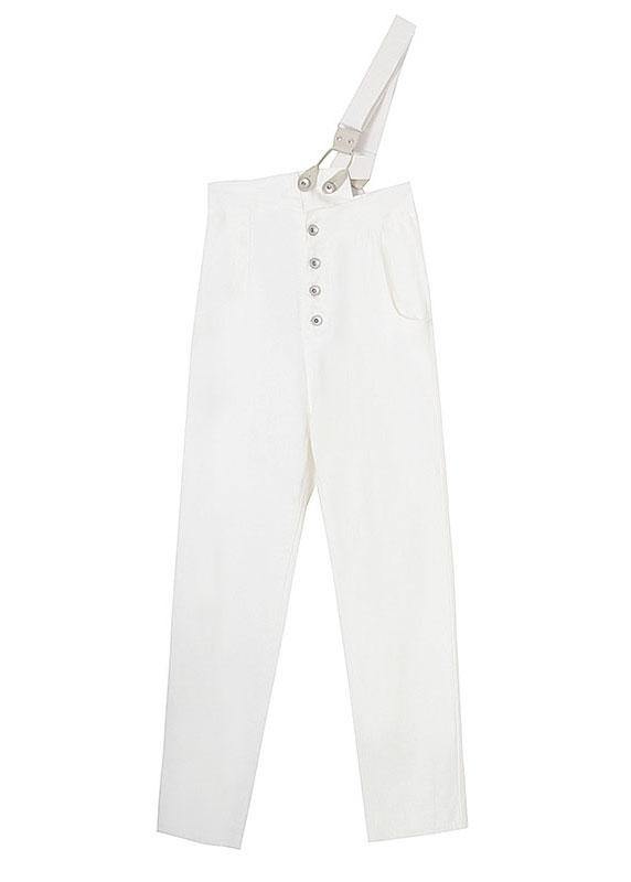 Natural White Denim High Waist asymmetrical Design Carpenter Pants - SooLinen