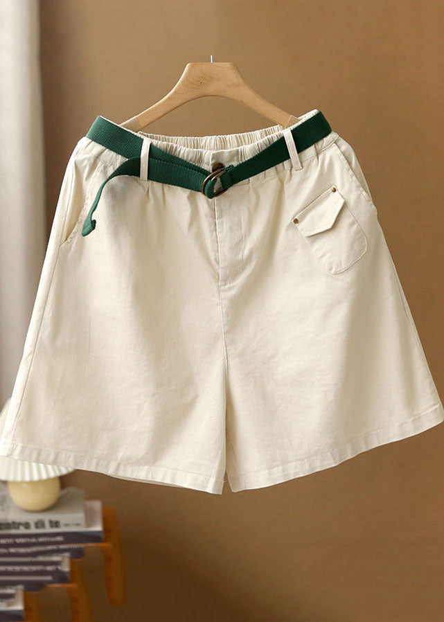 Naturweiße elastische Taillentaschen Schärpen Baumwolle Shorts mit weitem Bein Sommer