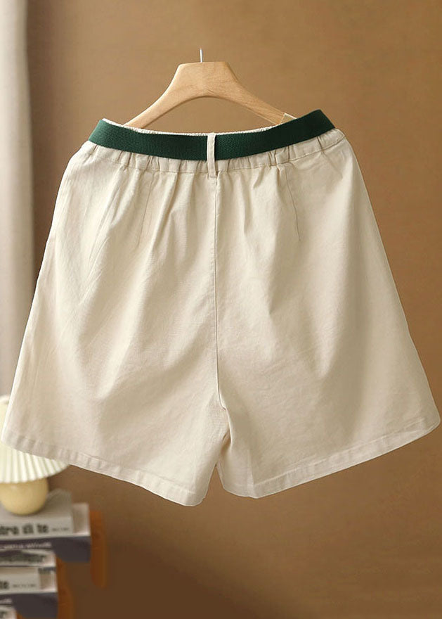 Natural White Elastic Waist Pockets Sashes Cotton Wide Leg Shorts Summer
