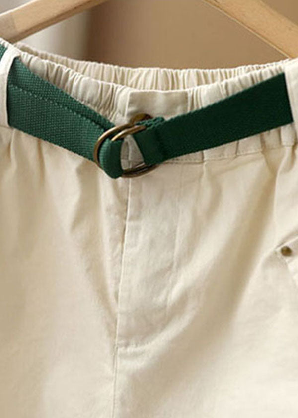 Natural White Elastic Waist Pockets Sashes Cotton Wide Leg Shorts Summer
