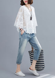 Natural White Embroidered Oversized Cotton Shirts Batwing Sleeve