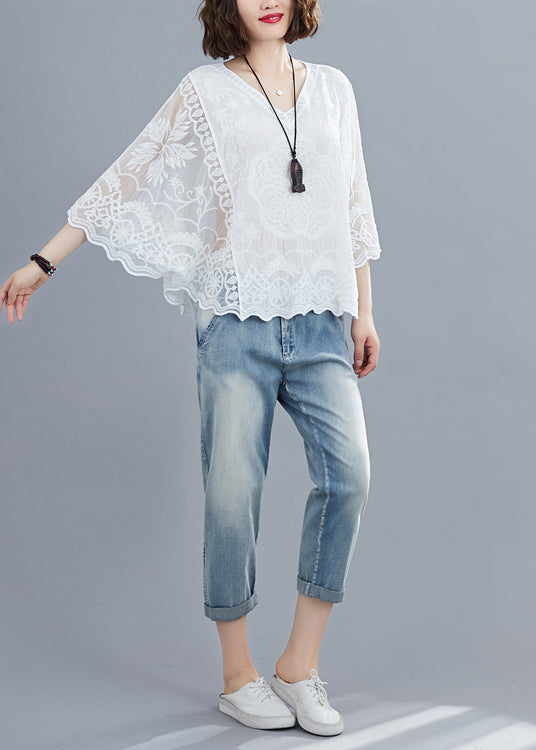 Natural White Embroidered Oversized Cotton Shirts Batwing Sleeve