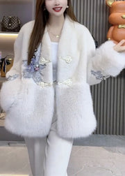 Natural White Embroidered Patchwork Chinese Button Faux Fur Coat Outwear Winter