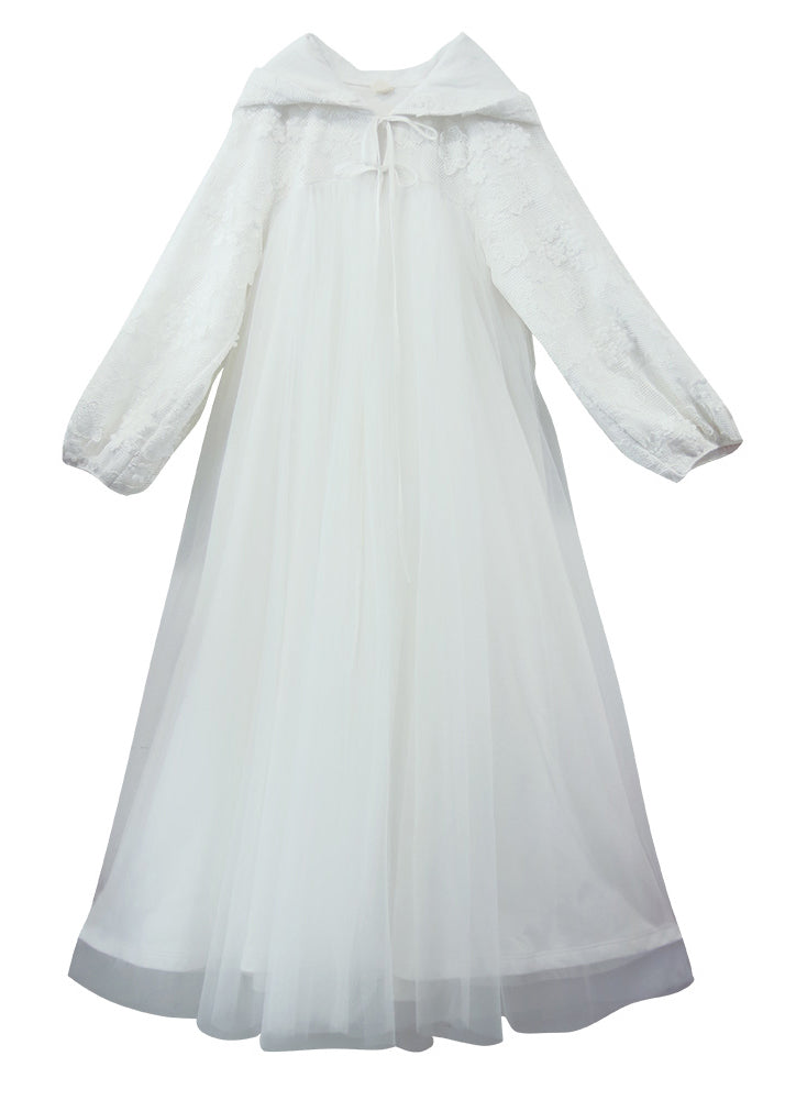 Natural White Embroidered Patchwork Tulle Hooded Trench Fall