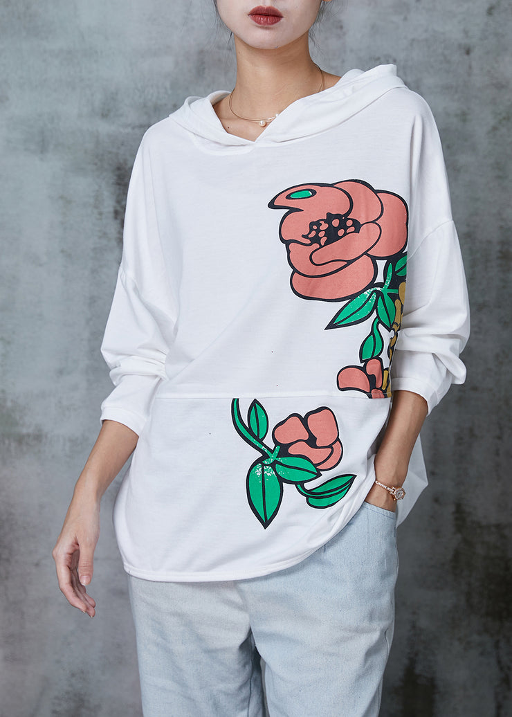 Natural White Hooded Floral Cotton Pullover Streetwear Spring