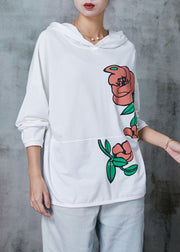 Natural White Hooded Floral Cotton Pullover Streetwear Spring