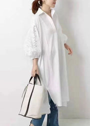 Natural White Lace Patchwork Cotton Shirts Dress Half Sleeve