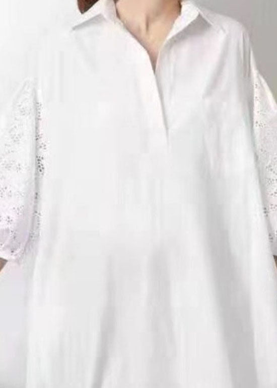 Natural White Lace Patchwork Cotton Shirts Dress Half Sleeve