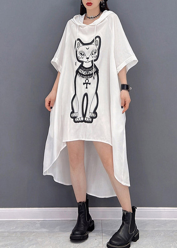 Natural White O-Neck Print Low High Design Chiffon Hooded Dress Three Quarter Sleeve