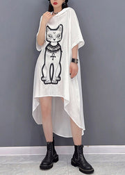 Natural White O-Neck Print Low High Design Chiffon Hooded Dress Three Quarter Sleeve