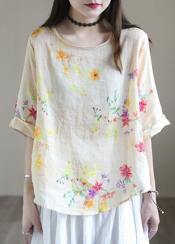 Natural White O-Neck Print Patchwork Summer Ramie Shirt Tops - SooLinen