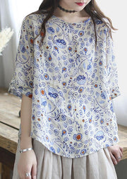 Natural White O-Neck Print Patchwork Summer Ramie Shirt Tops - SooLinen