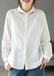 Natural White Peter Pan Collar Embroidered Cotton Shirt Tops Long Sleeve