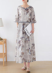 Natural White Print Cinched Summer Linen Dress - SooLinen