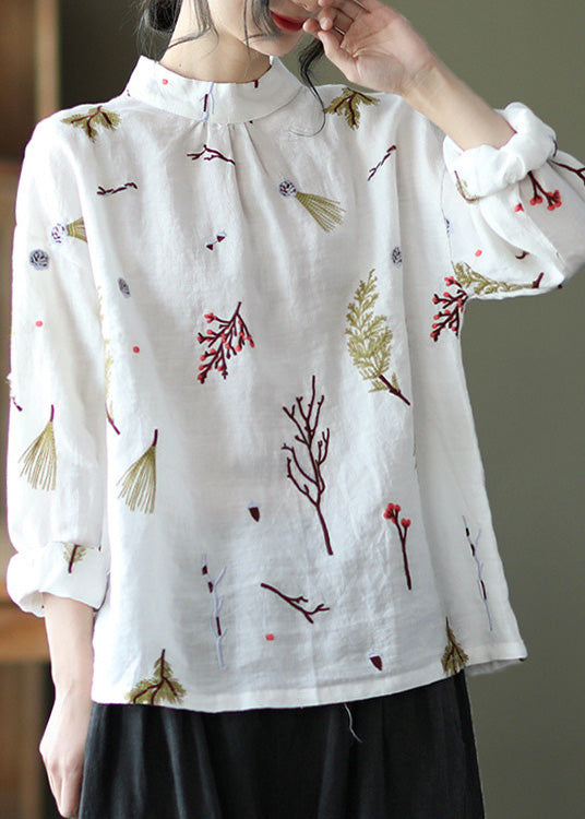 Natural White Print Linen Shirt Long Sleeve