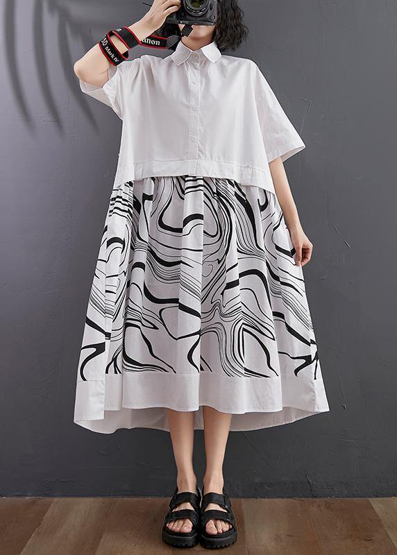Natural White Print Patchwork Button Mid Dress Summer - SooLinen
