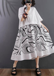 Natural White Print Patchwork Button Mid Dress Summer - SooLinen