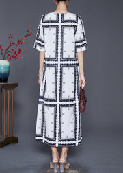 Natural White Square Collar Print Silk Maxi Dress Summer