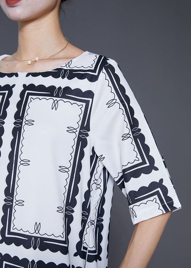 Natural White Square Collar Print Silk Maxi Dress Summer