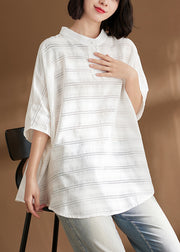 Natural White Stand Collar Striped Button Shirts Batwing Sleeve