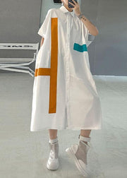 Natural White Summer Patchwork Cotton Short Sleeve Robe Dresses - SooLinen