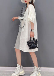 Natural White V Neck Chalaza Patchwork Tulle Mid Dresses Flare Sleeve