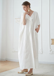 Natural White V Neck Jacquard Patchwork Cotton Robe Dresses Summer