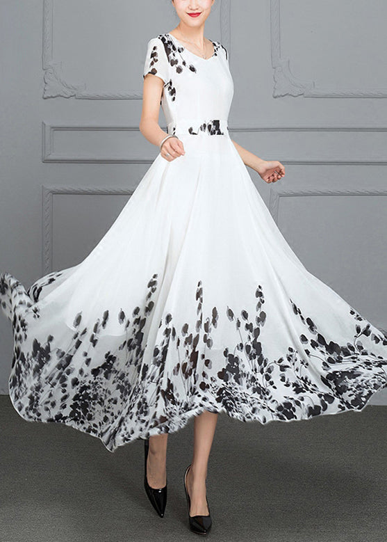 Natural White V Neck Print High Waist Chiffon Long Beach Dress Summer