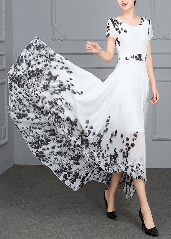 Natural White V Neck Print High Waist Chiffon Long Beach Dress Summer