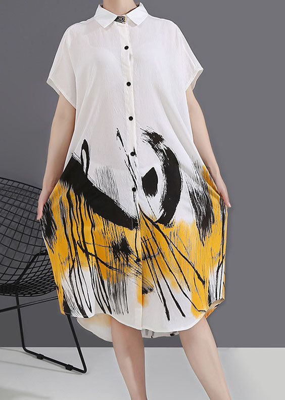 Natural White low high design Peter Pan Collar Print shirt Dress Spring
