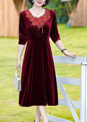 Natural Wine Red O-Neck Floral Patchwork Silk Velour Long Dress Fall