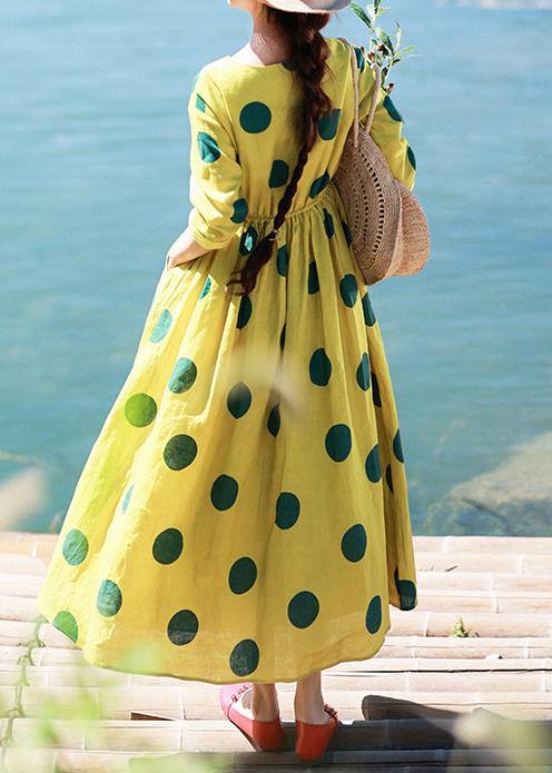 Natural Yellow Dotted Tunic Dress O Neck Pockets Art Dress - SooLinen