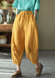 Natural Yellow Elastic Waist Pockets Linen Crop Pants Summer