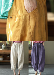 Natural Yellow Elastic Waist Pockets Linen Crop Pants Summer