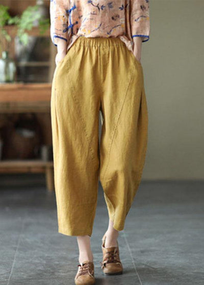 Natural Yellow Elastic Waist Summer Linen Harem Pants - SooLinen