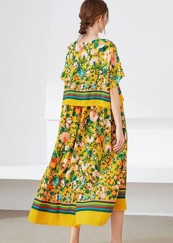 Natural Yellow Loose O-Neck Print Summer Robe Dresses Half Sleeve - SooLinen