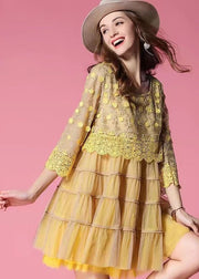 Natural Yellow O Neck Patchwork Wrinkled Tulle Mid Dress Spring