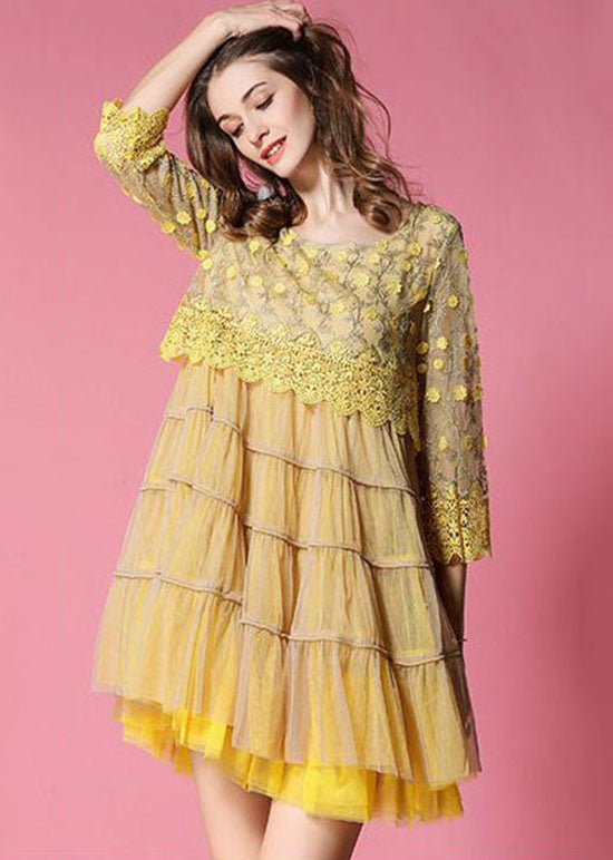 Natural Yellow O Neck Patchwork Wrinkled Tulle Mid Dress Spring