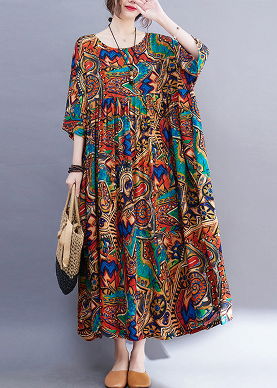 Natural Yellow O-Neck Print Wrinkled Long Dress Spring