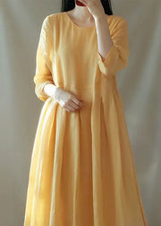 Natural Yellow O Neck Wrinkled Patchwork Cotton Dress Bracelet Sleeve