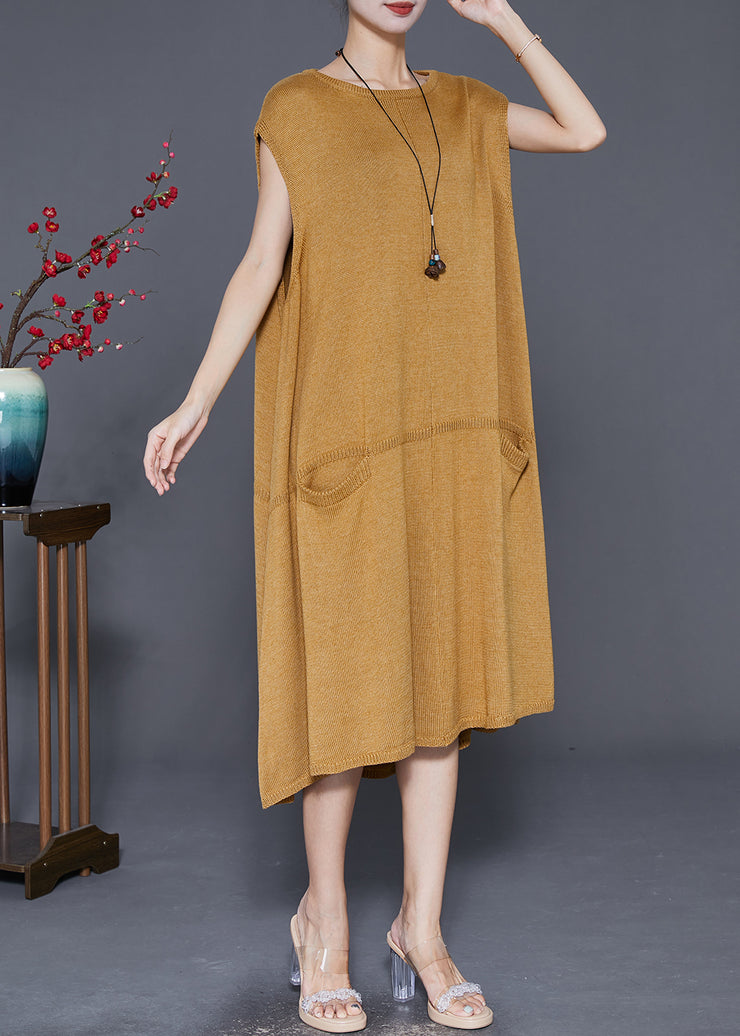 Natural Yellow Oversized Patchwork Knit Vacation Dresses Fall